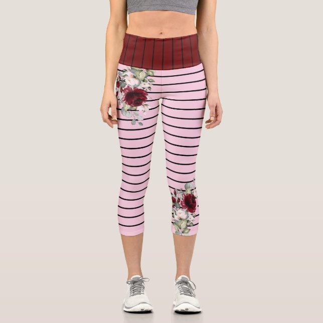 Leggings Capri Charme noir rose rayures Motif Fleurs Bourgogne (Recto)