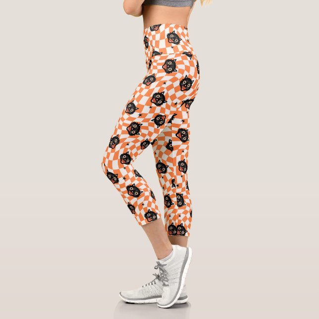 Leggings Capri Chat noir rétro Motif chèque orange (Gauche)