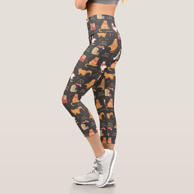 Leggings Capri Chats Festifs avec lumière Motif de Noël (Gauche)