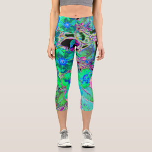 Leggings Capri Chaux psychédélique Trippy Lime Vert et Bleu Fleur