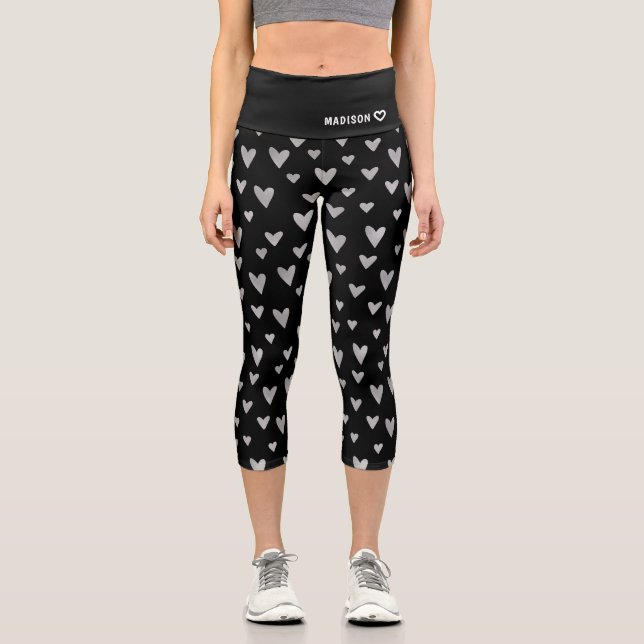 Leggings Capri Chic Black Motif de coeur d'argent Nom personnalis (Recto)