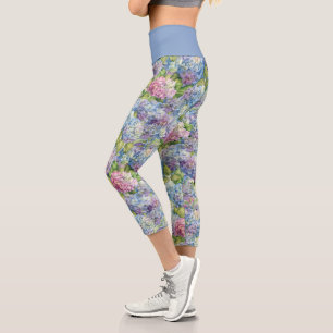 Leggings Capri Chic Floral Blue Lavender Hydrangea Motif