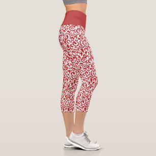 Leggings Capri Chic motif floral damassé rouge foncé blanc Art