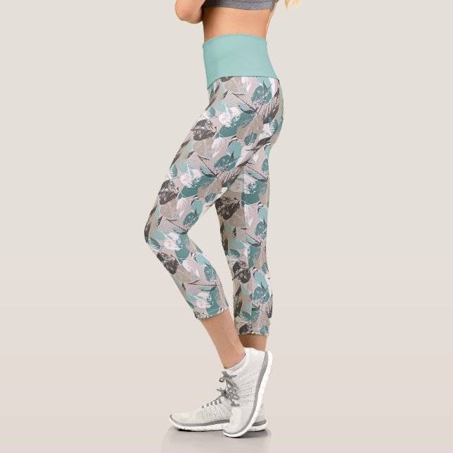 Leggings Capri Chic Turquoise bleu vert Taupe Brown Feuille Motif (Gauche)