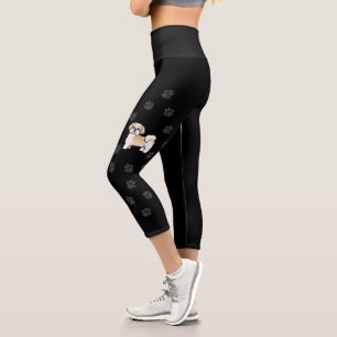 Leggings Capri Chien de dessin animé Shih Tzu or et blanc & Patte