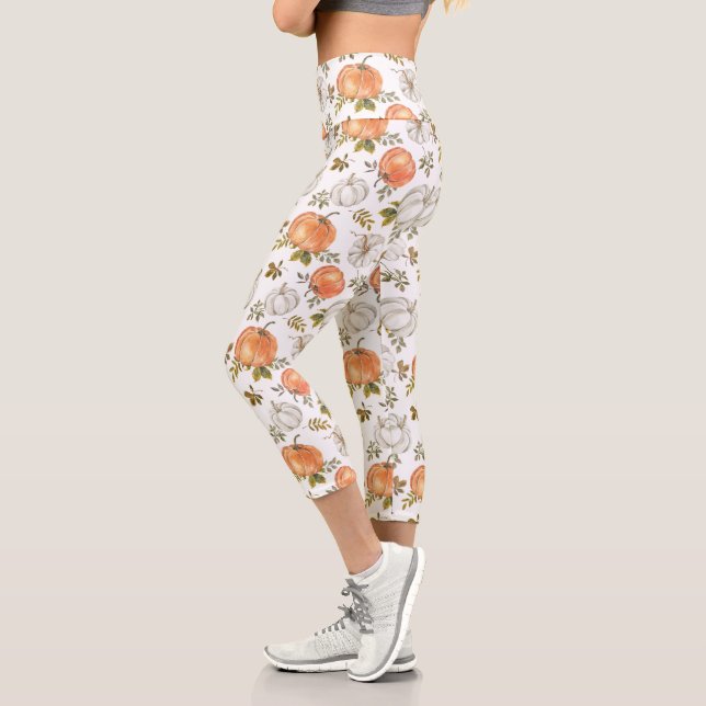 Leggings Capri Citrouilles d'aquarelle et Motif d'automne de feui (Gauche)