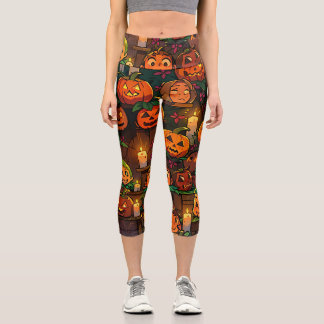 Leggings Capri Citrouilles et nuit Éffrayante hantée : Halloween