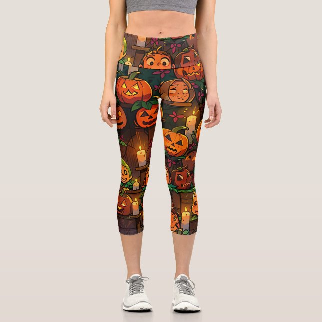 Leggings Capri Citrouilles et nuit Éffrayante hantée : Halloween (Recto)
