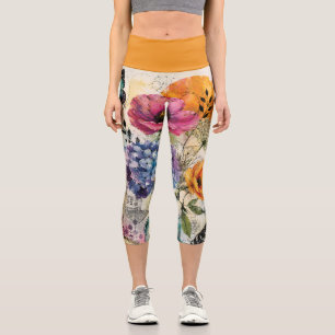 Leggings Capri Collage d'art mixte botanique vibrant