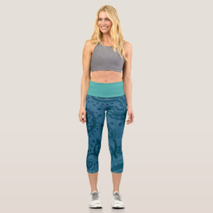 Leggings Capri Collants Capri Bleu Paisley Taille Haute MEDIUM