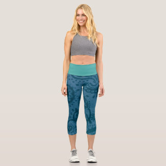 Leggings Capri Collants Capri Bleu Paisley Taille Haute MEDIUM