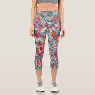 Leggings Capri Colorful Chinese Floral Pattern