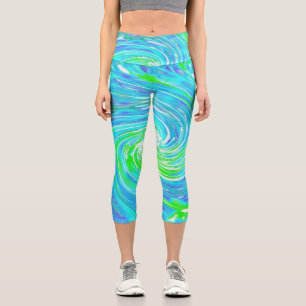Leggings Capri Cool Abstrait Retro Aqua et Lime Green Swirl