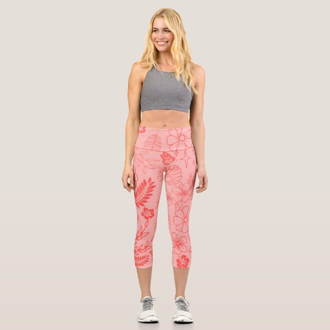 Leggings Capri Coral Red Tropical Floral Pattern  (Recto)
