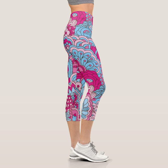Leggings Capri Couleur rose Bleu Moderne Abstrait motif floral (Droite)