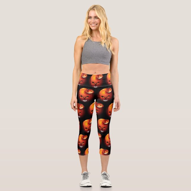 Leggings Capri Crâne d'Halloween et Citrouille (Recto)