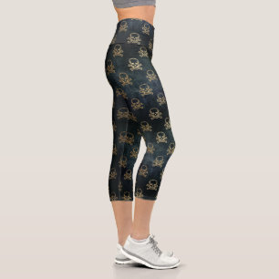 Leggings Capri Crâne noir et or et Motif Crossbones