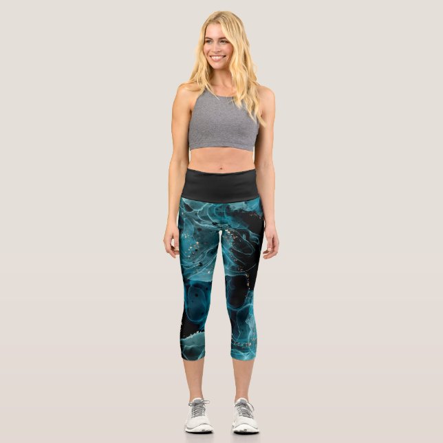 Leggings Capri Customizable Black and Blue High Waisted Capris (Recto)