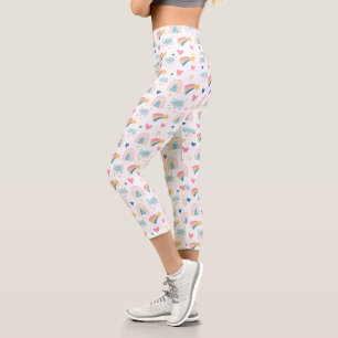 Leggings Capri Cute Rainbow Hearts & Clouds Motif