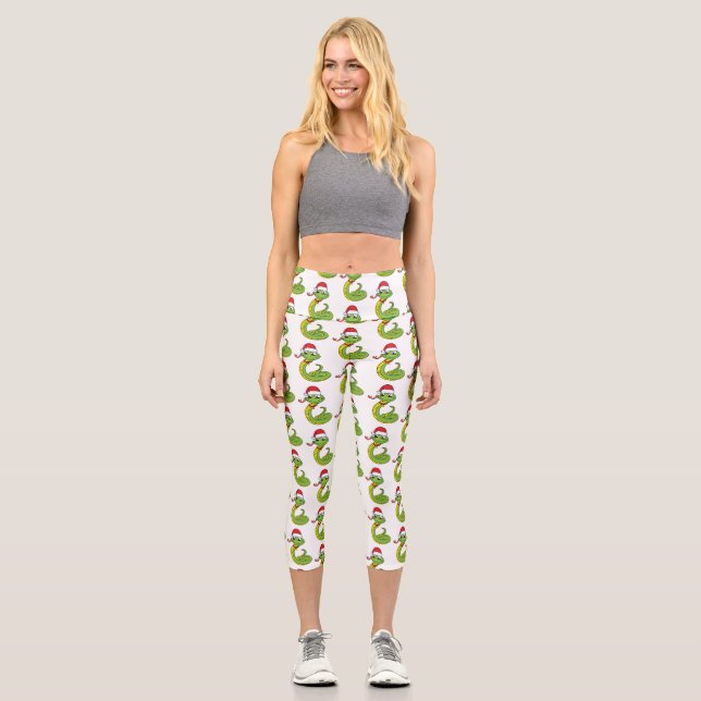 Leggings Capri Cute serpent vert avec chapeau santa dessin animé (Recto)