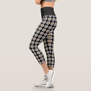 Leggings Capri Dahlia Blanche sur Motif Floral Noir