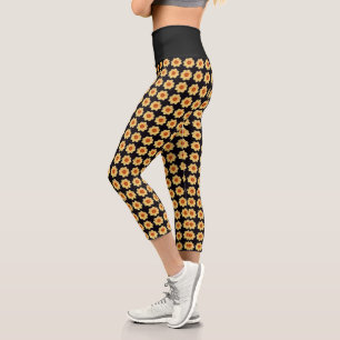 Leggings Capri Dahlia jaune motif floral sur noir