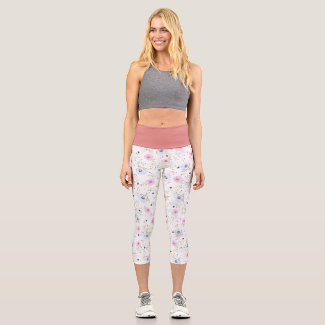Leggings Capri Dainty Rose Purple Fleurs Yoga Exercice (Recto)