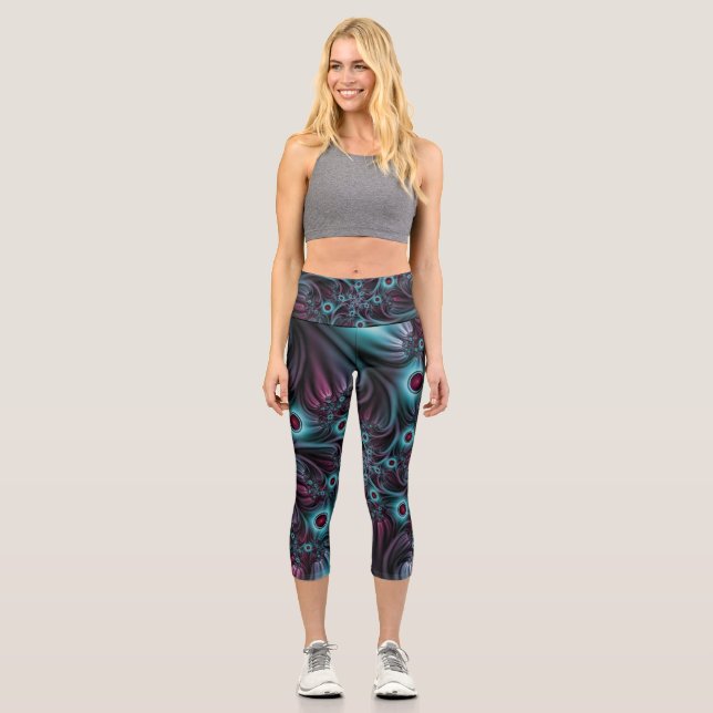 Leggings Capri Dans la profondeur Bleu rose Abstrait Fractal Art (Recto)