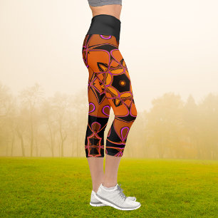 Leggings Capri Dessin Mandala Fleur orange rose et noir