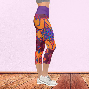 Leggings Capri Dessin Mandala Fleur orange violet et bleu