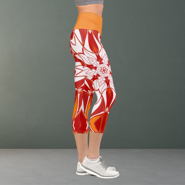 Leggings Capri Dessin Mandala Fleur rouge orange et blanc (Créateur téléchargé)