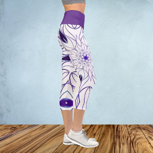 Leggings Capri Dessin Mandala Flower blanc et violet