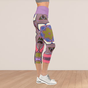 Leggings Capri Dessin Mandala Flower bleu rose et jaune