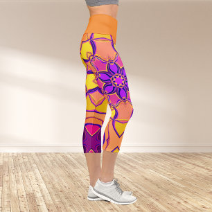 Leggings Capri Dessin Mandala Flower rose violet et orange
