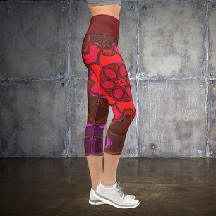 Leggings Capri Dessin Mandala Flower rouge rose et violet