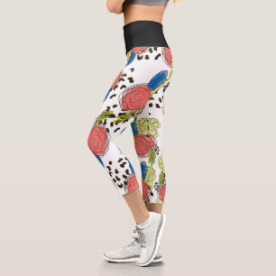 Leggings Capri Dessins Floraux à la Main de Guépard 
