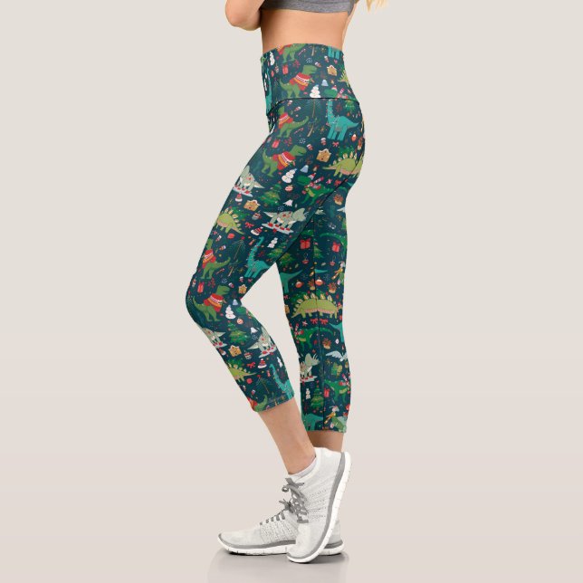 Leggings Capri Dinosaures festifs Motif de Noël (Gauche)
