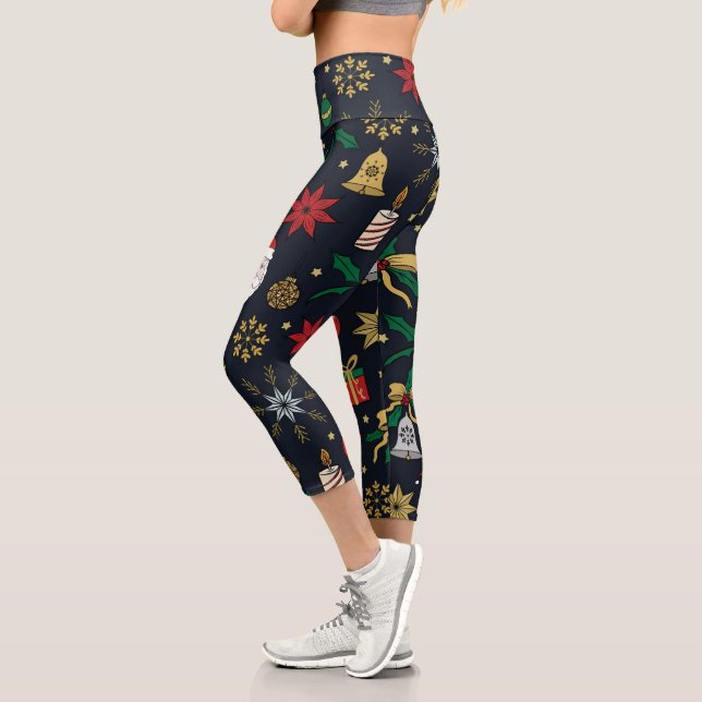 Leggings Capri Doddles de Noël à l'aube main unique Design bleu (Gauche)