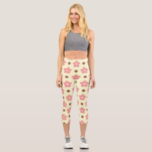 Leggings Capri Douce Florale Rose et Motif à Points Marron Rétro