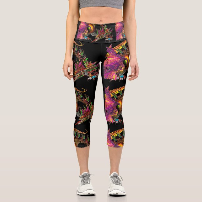 Leggings Capri DRAGO Imaginaire Dragon en or noir rose violet (Recto)