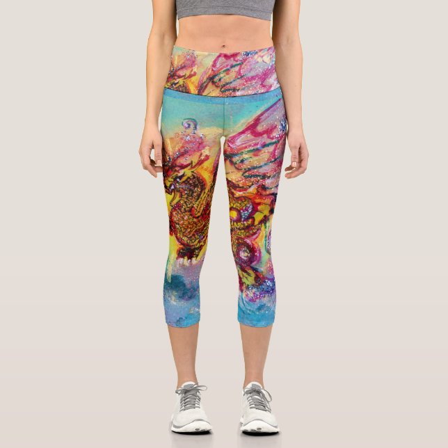 Leggings Capri DRAGON DE MER en Imaginaire bleu or jaune rose (Recto)
