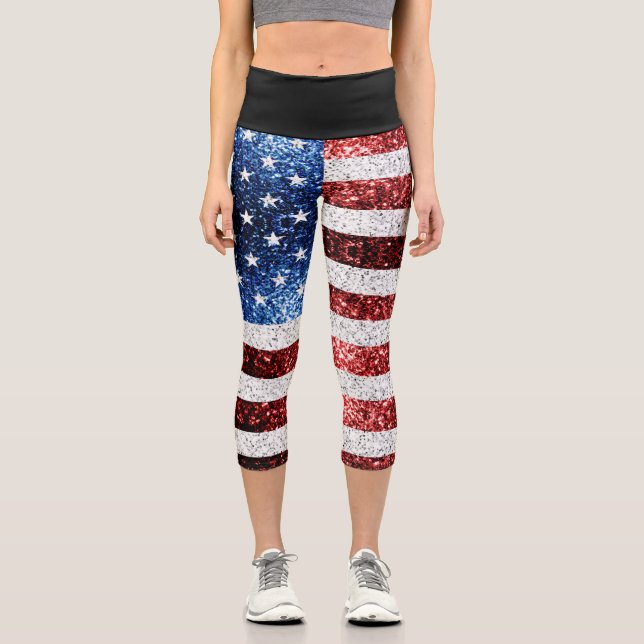 Leggings Capri drapeau américain rouge blanc brillant parties sci (Recto)