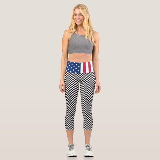 Leggings Capri Drapeau Patriotique USA moderne Noir Blanc À damie (Recto)
