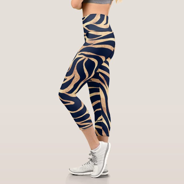 Leggings Capri Elégant bleu marine Gold Zebra Imprimer (Gauche)