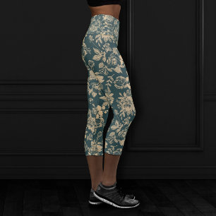 Leggings Capri Élégant botanique   Forêt Vert Sepia Gold Floral