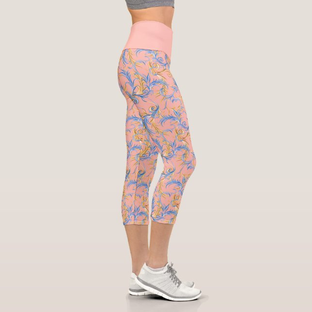 Leggings Capri Élégant exercice de Yoga Motif rose bleu arabe (Droite)