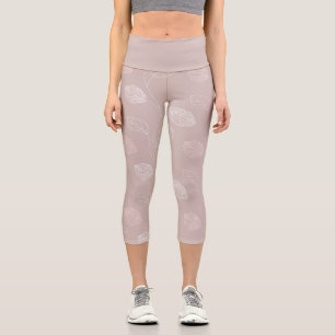 Leggings Capri Elégant Feuilles d'art de la main tirée rose et li