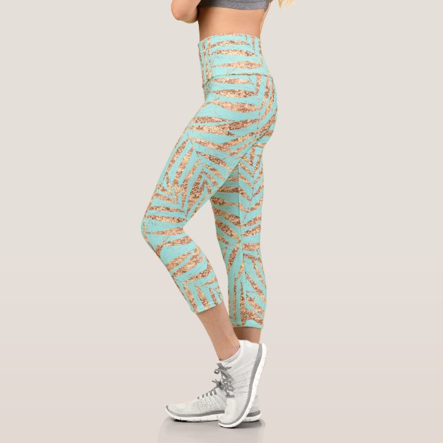 Leggings Capri Elégant Gold Tropical Palm Feuille Mint Design (Gauche)