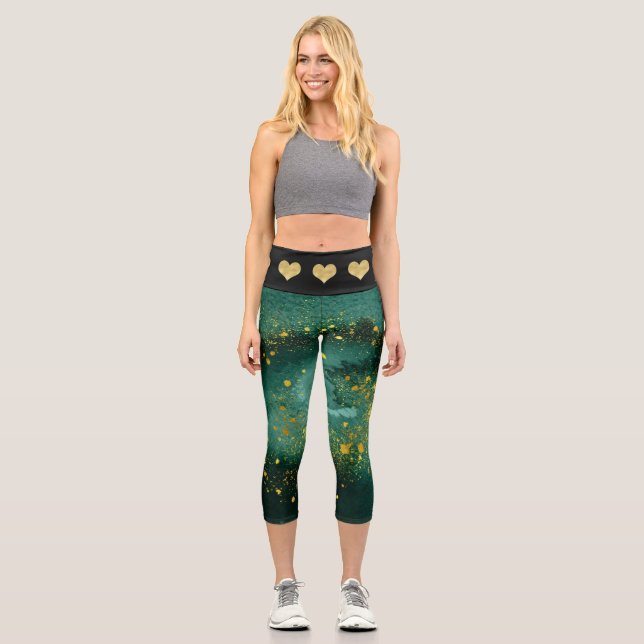 Leggings Capri Élégant Malachite Gold Hearts Motif (Recto)