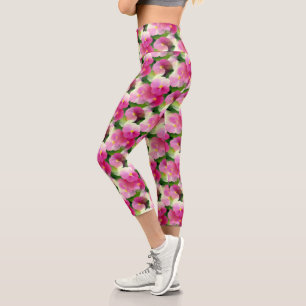 Leggings Capri Élégant Motif à fleurs rose et blanc Impatiens
